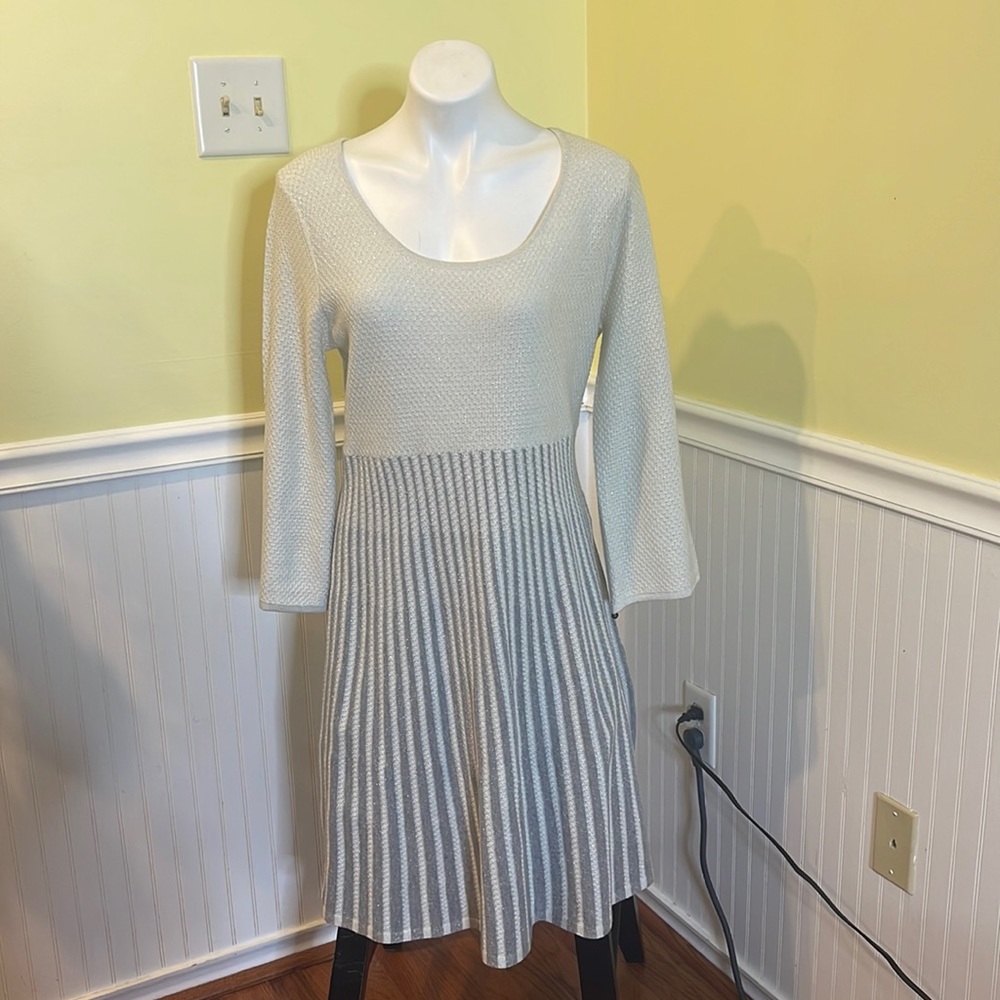 Calvin Klein ladies long sleeve gray & silver sweater dress. NWT. Pleated. Large